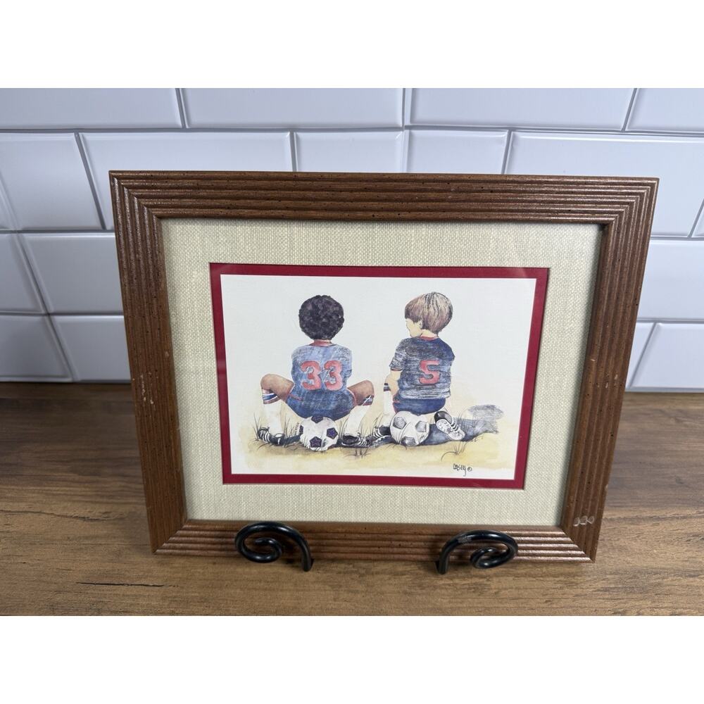 Vintage Kids Home Interiors Casey Framed Boys Sitting on Soccer Ball Art Print